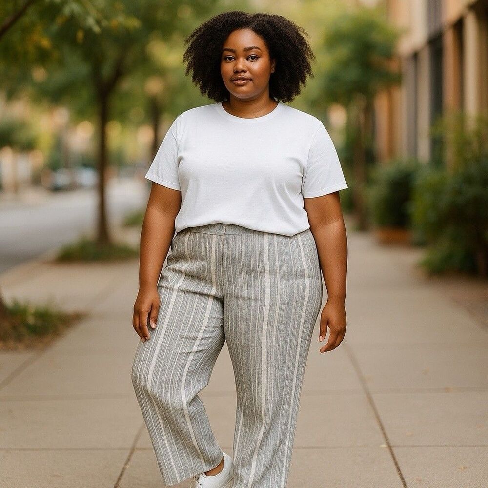 Linen Cotton Blend Grey Striped Pants Women’s Size 14 Elastic Waist Summer Beach